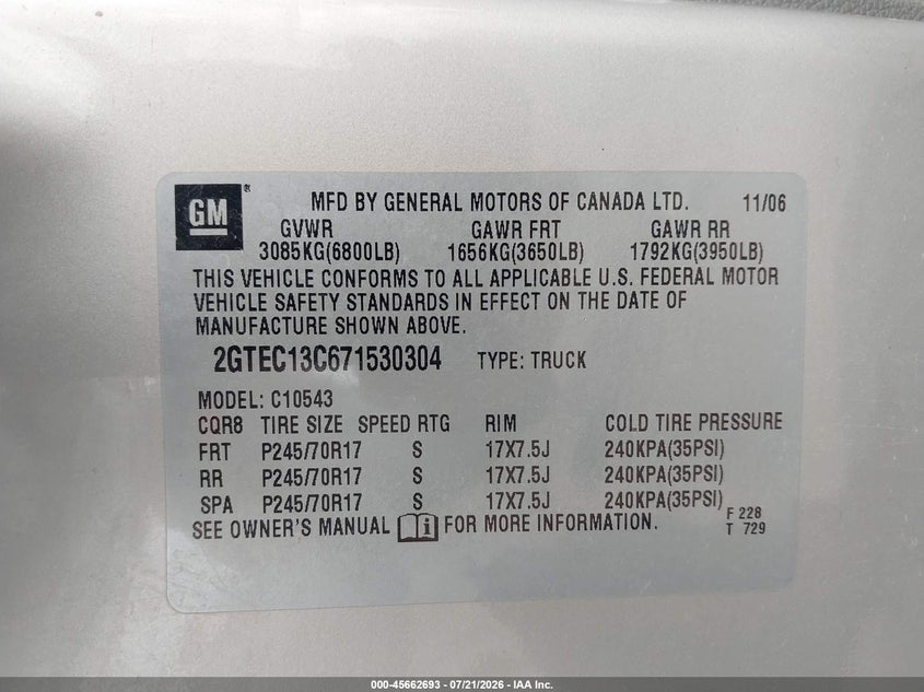 2007 GMC Sierra 1500 Work Truck VIN: 2GTEC13C671530304 Lot: 45662693