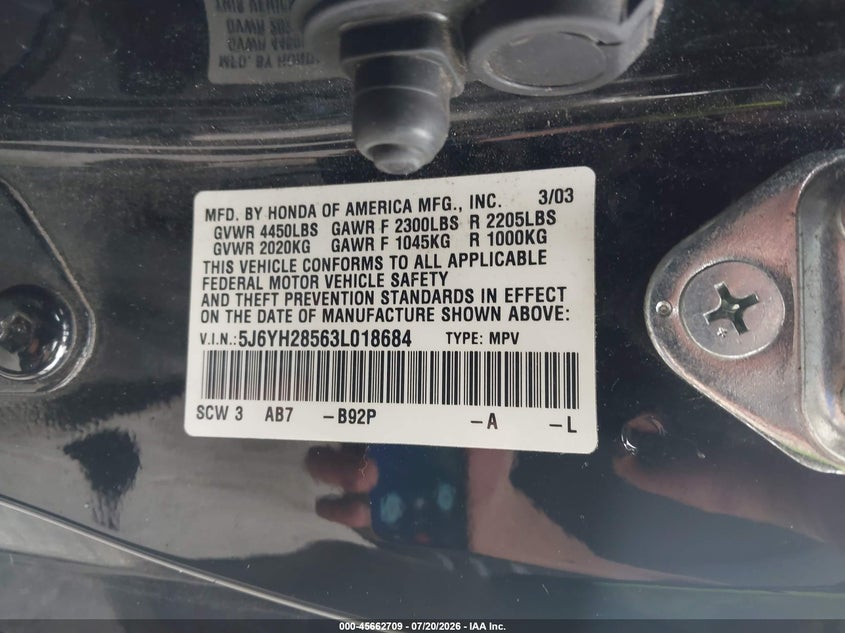 2003 Honda Element Ex VIN: 5J6YH28563L018684 Lot: 45662709