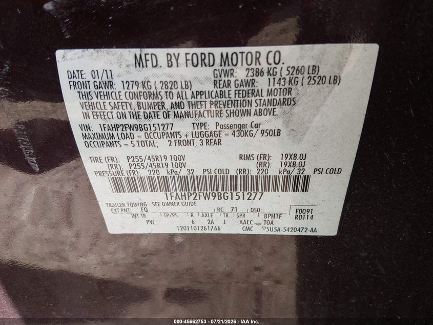2011 Ford Taurus Limited VIN: 1FAHP2FW9BG151277 Lot: 45662753