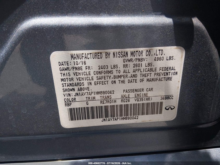 2017 Infiniti Q50 Hybrid VIN: JN1AV7AP1HM890042 Lot: 45662776