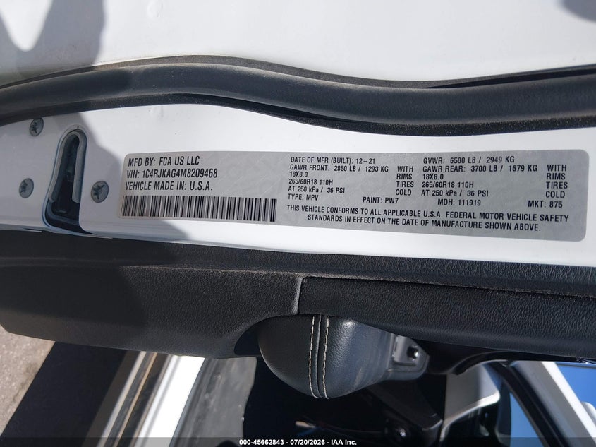 JEEP GRAND CHEROKEE L 2021 VIN 1C4RJKAG4M8209468