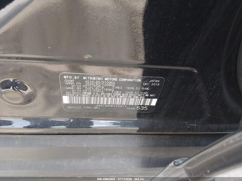 2019 Mitsubishi Eclipse Cross Es VIN: JA4AT3AA9KZ030613 Lot: 45662854