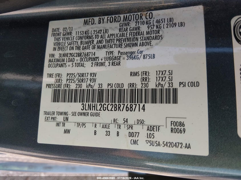 2011 Lincoln Mkz VIN: 3LNHL2GC2BR768714 Lot: 45662865