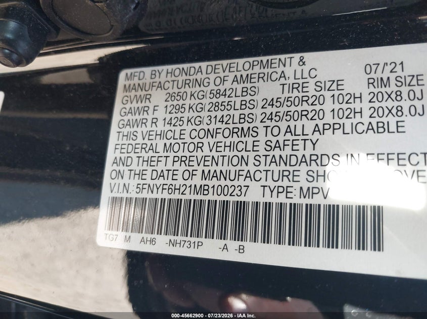 2021 HONDA PILOT SPORT UTILITY VEHICLE 3.5L V-6 DI, VVT, 280HP