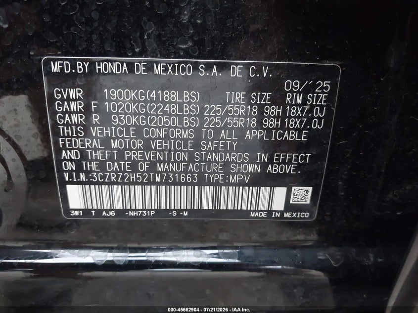 HONDA HR-V 2026 VIN 3CZRZ2H52TM731663