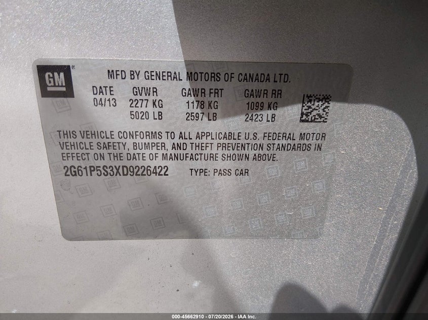 2013 Cadillac Xts Luxury VIN: 2G61P5S3XD9226422 Lot: 45662910