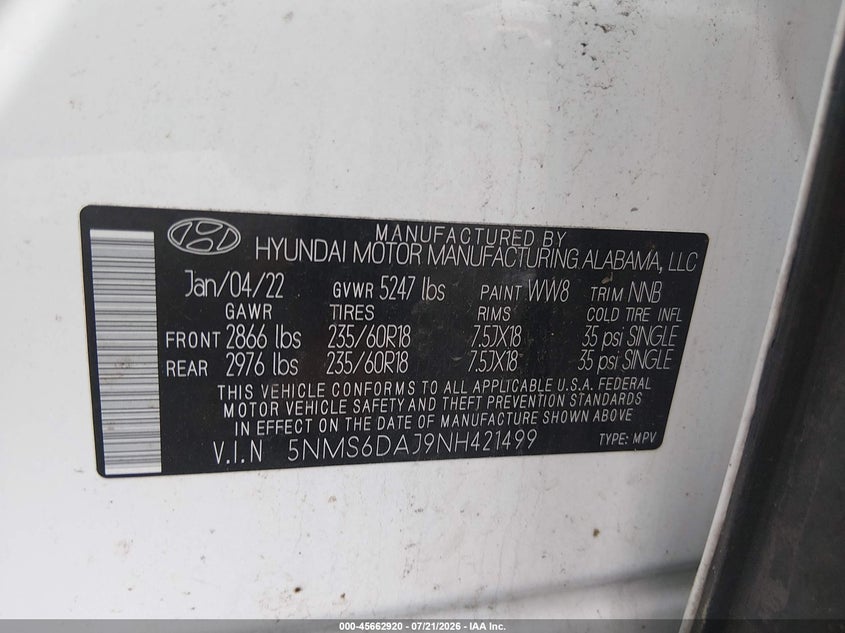 2022 Hyundai Santa Fe Xrt VIN: 5NMS6DAJ9NH421499 Lot: 45662920