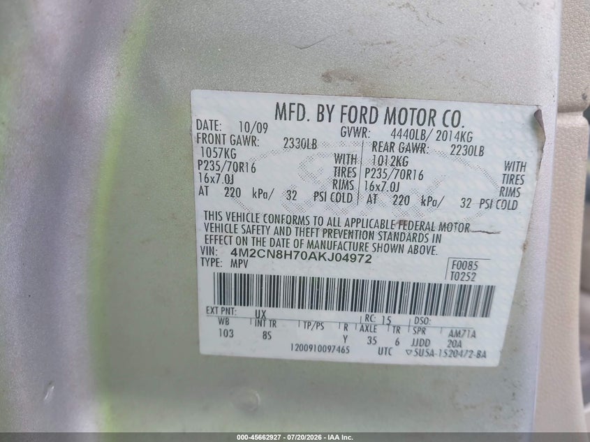 2010 Mercury Mariner Premier VIN: 4M2CN8H70AKJ04972 Lot: 45662927