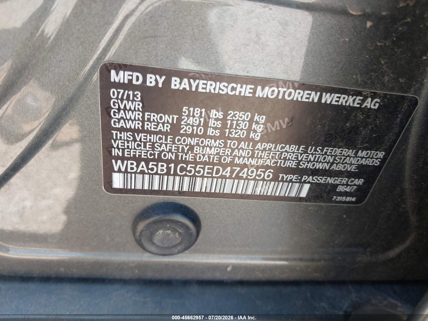 2014 BMW 535I VIN: WBA5B1C55ED474956 Lot: 45662957