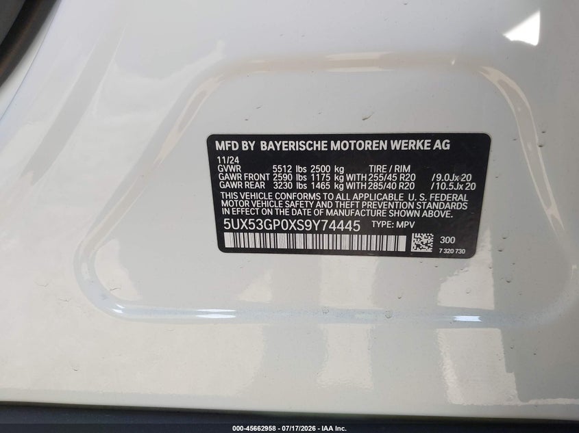 2025 BMW X3 30 xDrive VIN: 5UX53GP0XS9Y74445 Lot: 45662958