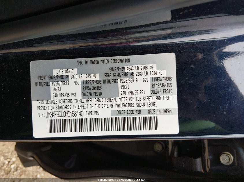2017 Mazda Cx-5 Grand Touring VIN: JM3KFBDL0H0158140 Lot: 45662976