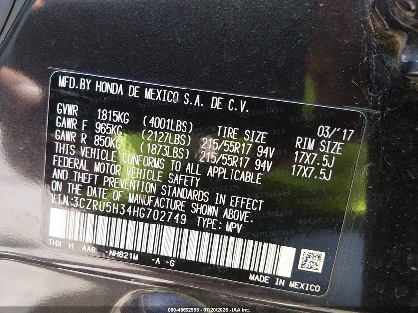 2017 Honda Hr-V Lx VIN: 3CZRU5H34HG702749 Lot: 45662998