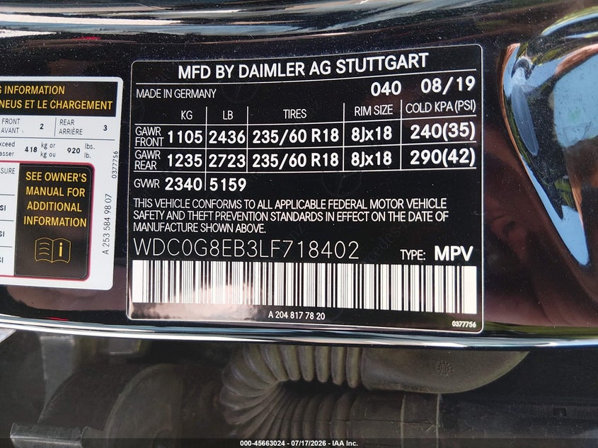 2020 Mercedes-Benz Glc 300 4Matic VIN: WDC0G8EB3LF718402 Lot: 45663024