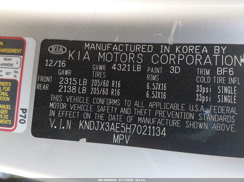 2017 Kia Soul Ev + VIN: KNDJX3AE5H7021134 Lot: 45663036