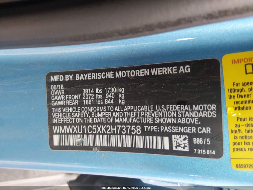 2019 Mini Hardtop Cooper VIN: WMWXU1C5XK2H73758 Lot: 45663042