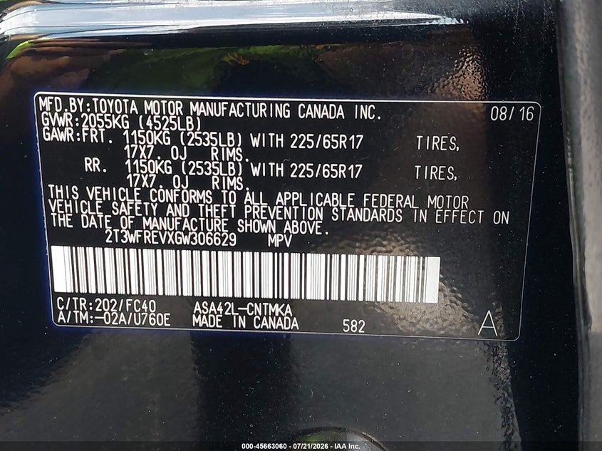2016 Toyota Rav4 Xle VIN: 2T3WFREVXGW306629 Lot: 45663060