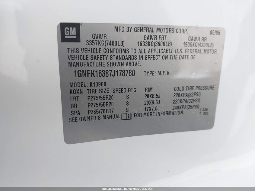 2007 Chevrolet Suburban Ltz VIN: 1GNFK16387J178780 Lot: 45663064