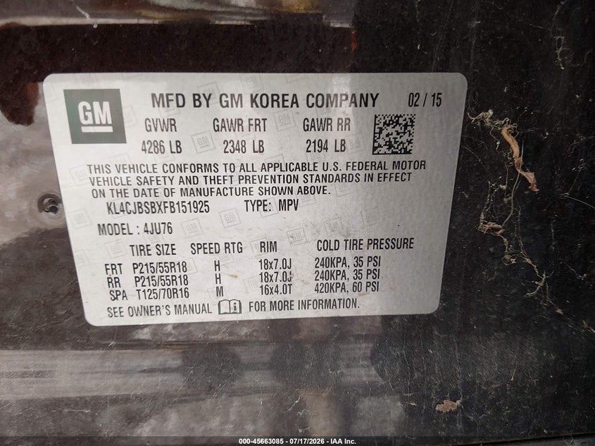 2015 Buick Encore Convenience VIN: KL4CJBSBXFB151925 Lot: 45663085