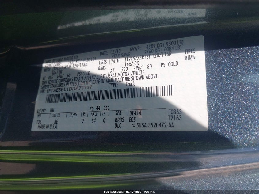 2013 Ford E-350 Super Duty Commercial VIN: 1FTSE3EL1DDA71737 Lot: 45663088