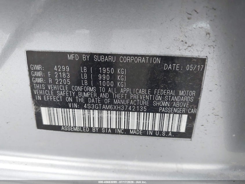 2017 Subaru Impreza 2.0I Sport VIN: 4S3GTAM6XH3742135 Lot: 45663099