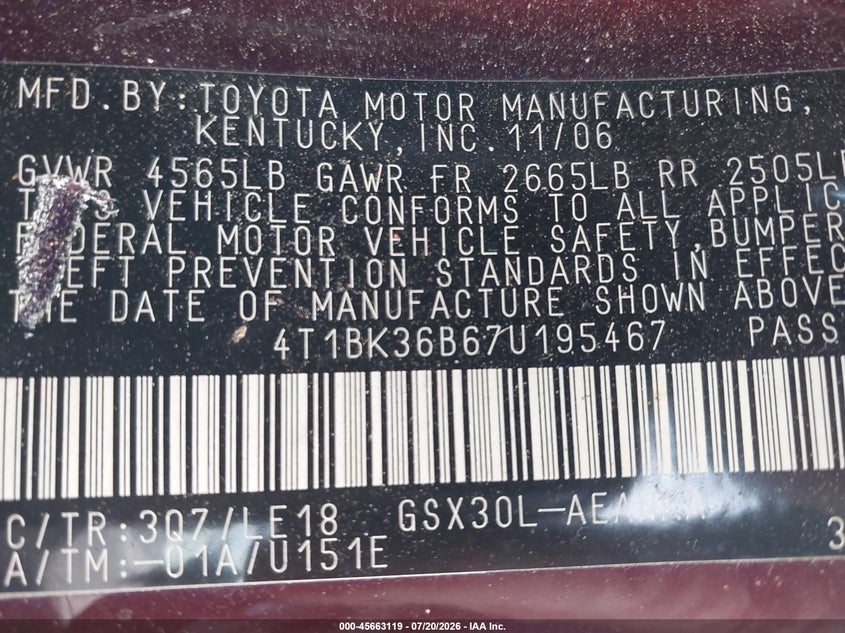 2007 Toyota Avalon Touring VIN: 4T1BK36B67U195467 Lot: 45663119