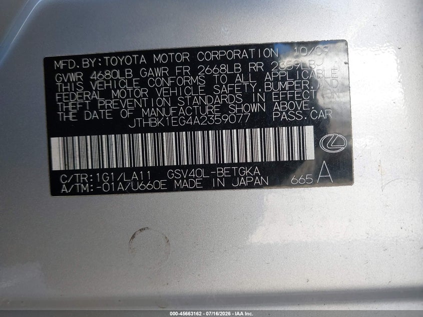 2010 Lexus Es 350 VIN: JTHBK1EG4A2359077 Lot: 45663162