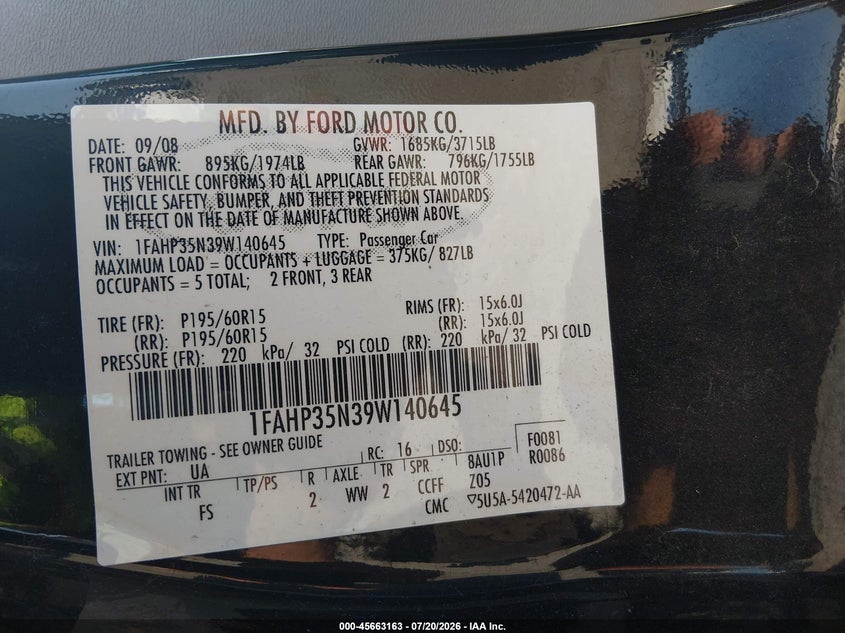 2009 Ford Focus Se VIN: 1FAHP35N39W140645 Lot: 45663163