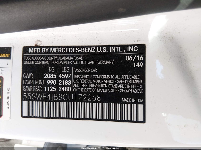2016 Mercedes-Benz C 300 VIN: 55SWF4JB8GU172268 Lot: 45663180