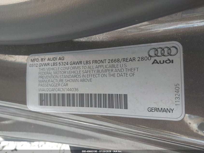 2012 Audi A7 3.0 Prestige VIN: WAU2GAFC4CN144036 Lot: 45663190