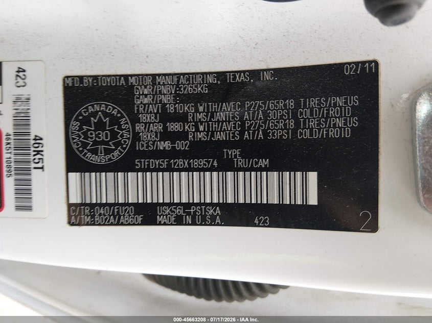 2011 Toyota Tundra Sr5 5.7L V8 VIN: 5TFDY5F12BX189574 Lot: 45663208