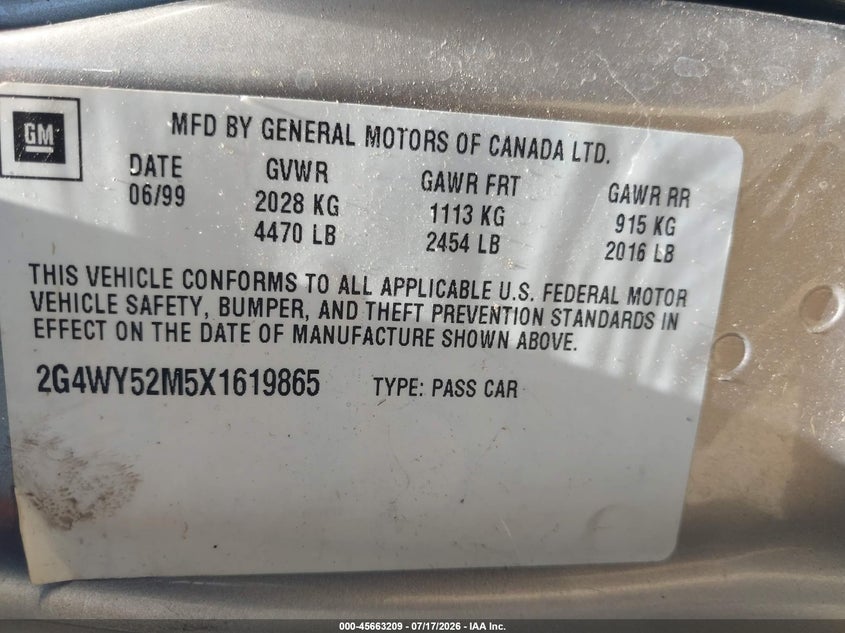 1999 Buick Century Limited VIN: 2G4WY52M5X1619865 Lot: 45663209