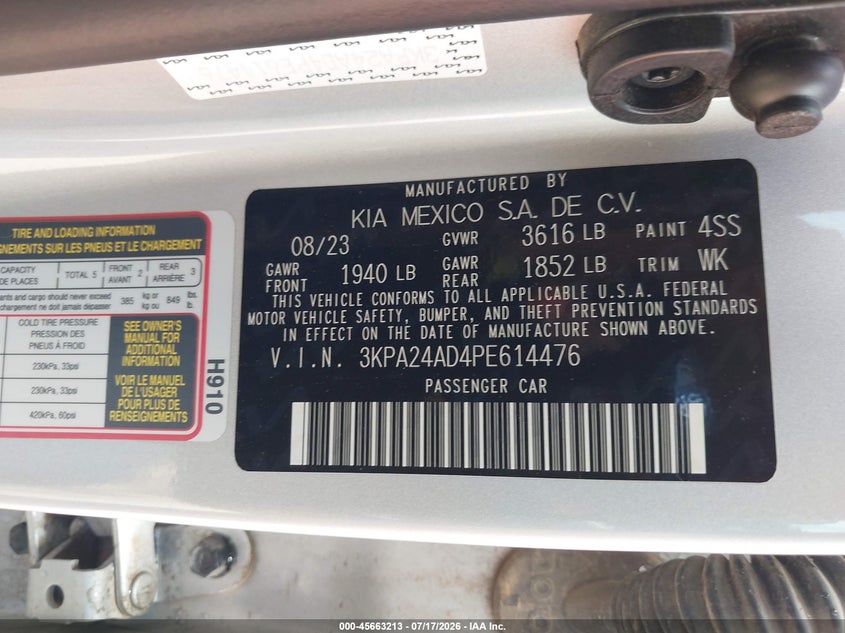 2023 Kia Rio S VIN: 3KPA24AD4PE614476 Lot: 45663213