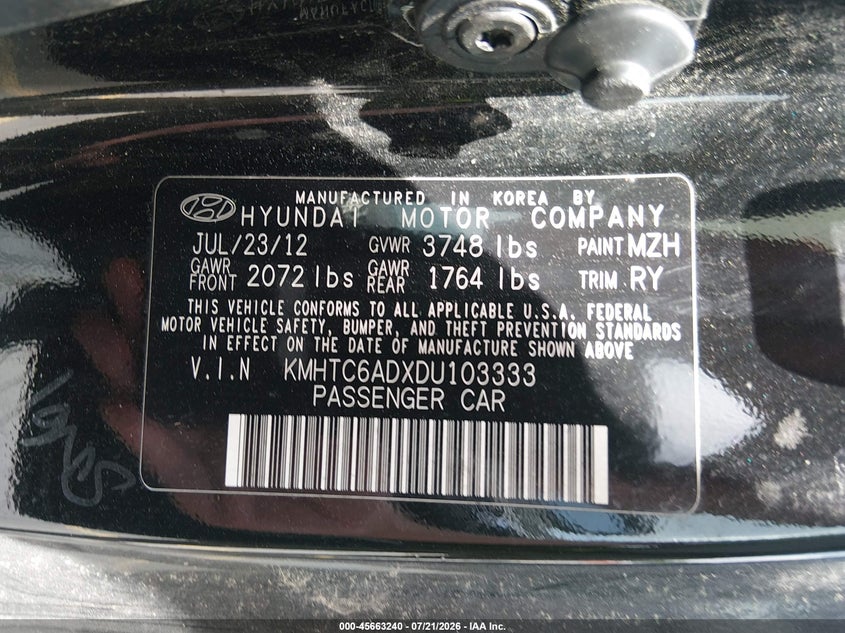 2013 Hyundai Veloster Base W/Black VIN: KMHTC6ADXDU103333 Lot: 45663240