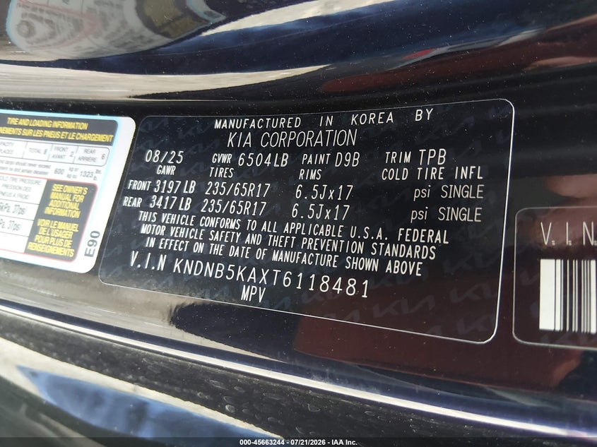 2026 Kia Carnival Mpv Hybrid Lxs VIN: KNDNB5KAXT6118481 Lot: 45663244