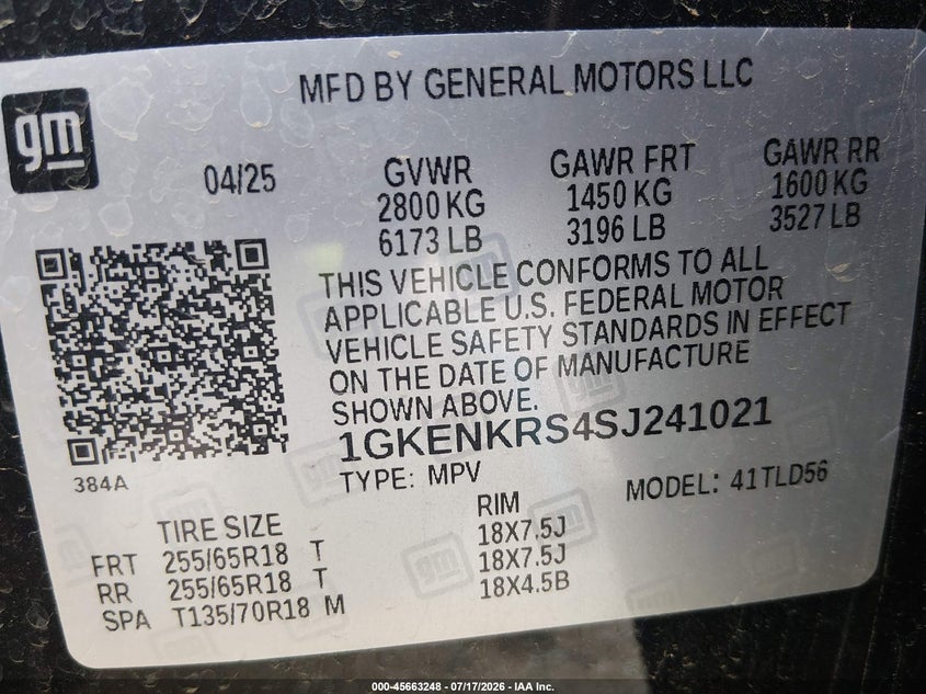2025 GMC Acadia Fwd Elevation VIN: 1GKENKRS4SJ241021 Lot: 45663248
