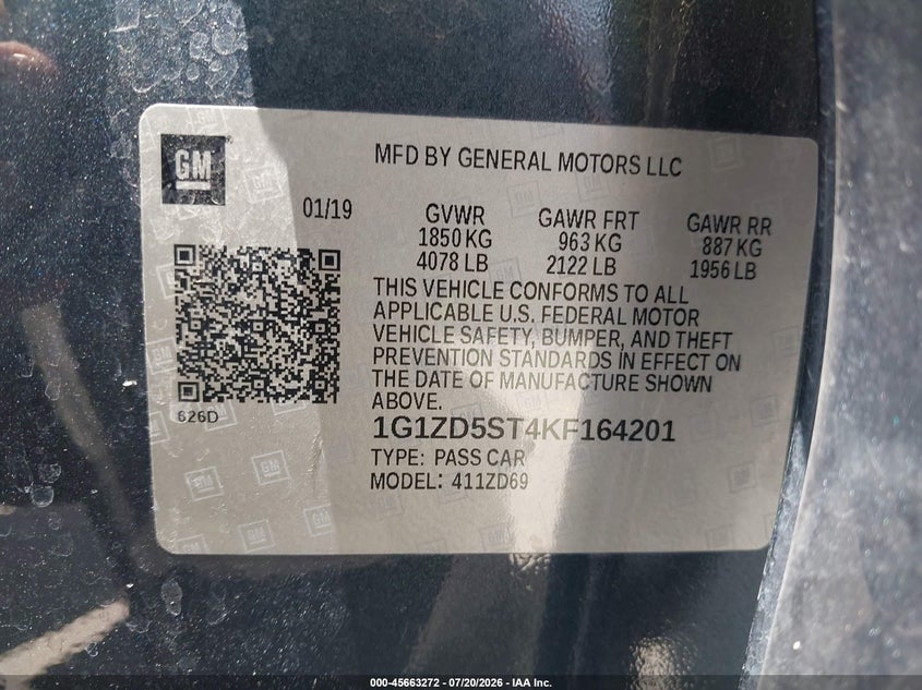 2019 Chevrolet Malibu Lt VIN: 1G1ZD5ST4KF164201 Lot: 45663272