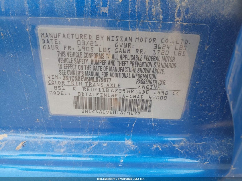 2021 Nissan Versa Sv Xtronic Cvt VIN: 3N1CN8EV6ML879677 Lot: 45663273