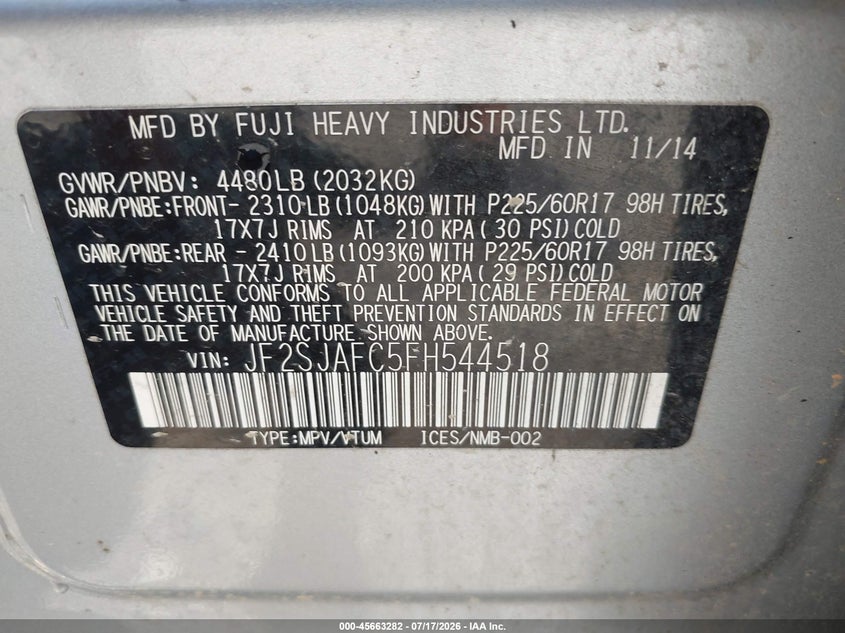 SUBARU FORESTER 2015 VIN JF2SJAFC5FH544518