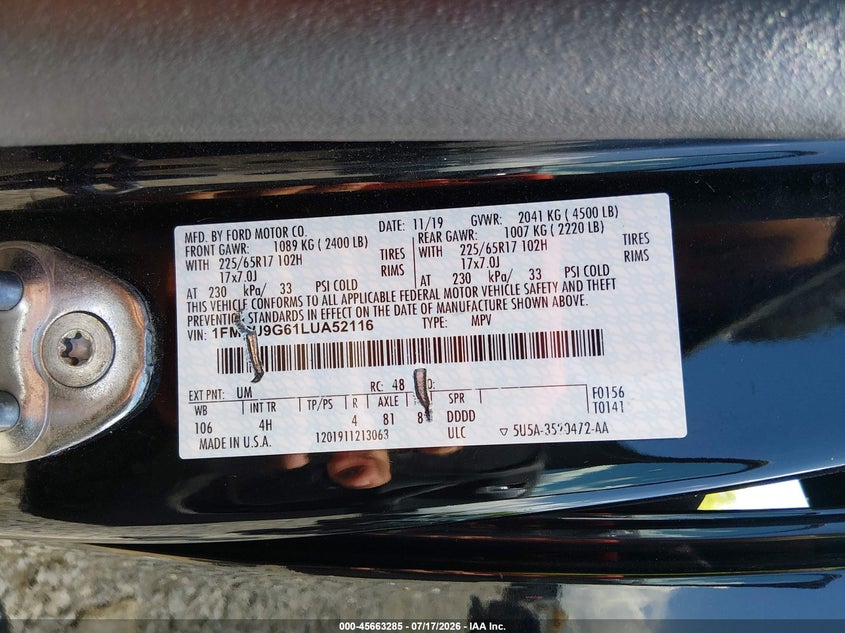 2020 FORD ESCAPE SPORT UTILITY VEHICLE 1.5L I-3 DI, DOHC, VVT, TURBO, 181HP