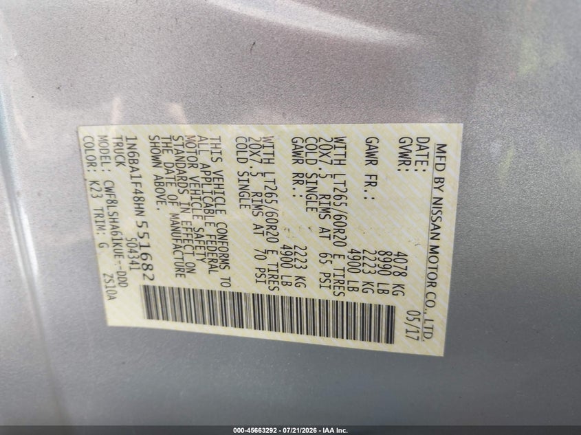 2017 Nissan Titan Xd Sv Diesel VIN: 1N6BA1F48HN551682 Lot: 45663292