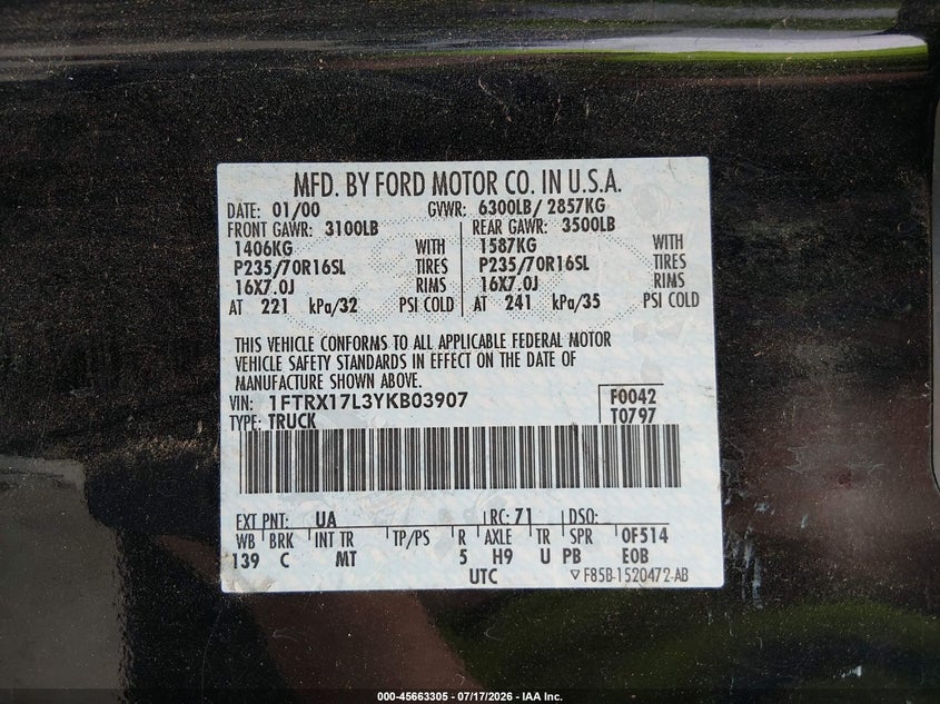 2000 Ford F-150 Lariat/Work Series/Xl/Xlt VIN: 1FTRX17L3YKB03907 Lot: 45663305