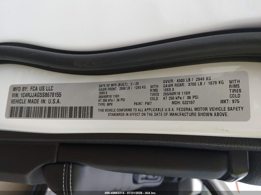 2025 Jeep Grand Cherokee L Altitude 4X2 VIN: 1C4RJJAG5S8678155 Lot: 45663314