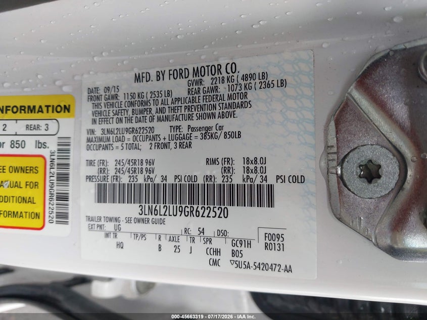2016 Lincoln Mkz Hybrid VIN: 3LN6L2LU9GR622520 Lot: 45663319