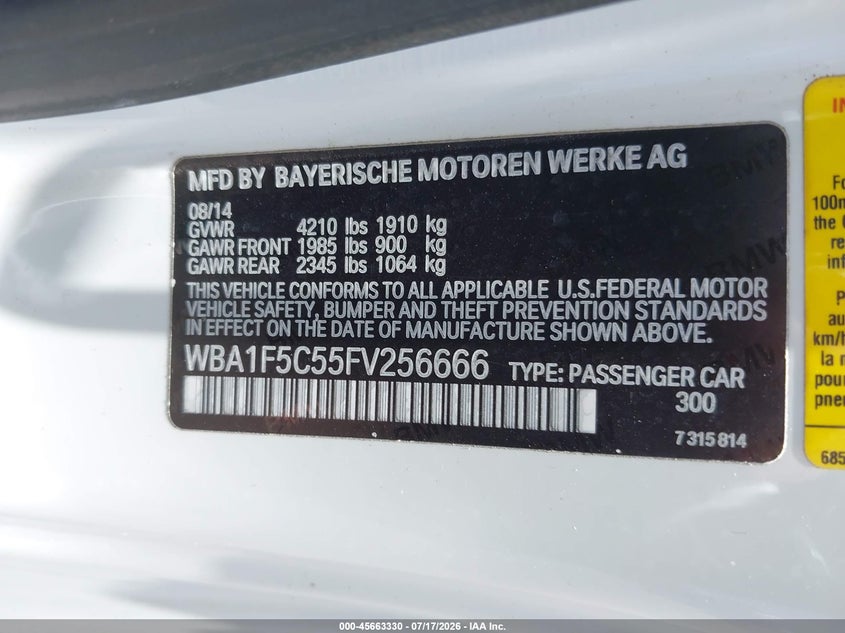 2015 BMW 228I VIN: WBA1F5C55FV256666 Lot: 45663330