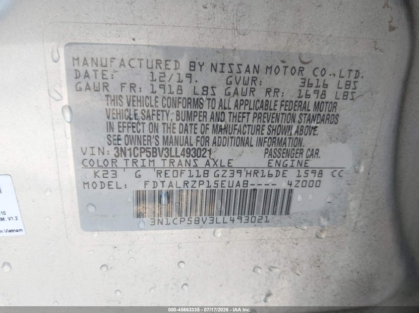 2020 Nissan Kicks S Xtronic Cvt VIN: 3N1CP5BV3LL493021 Lot: 45663335