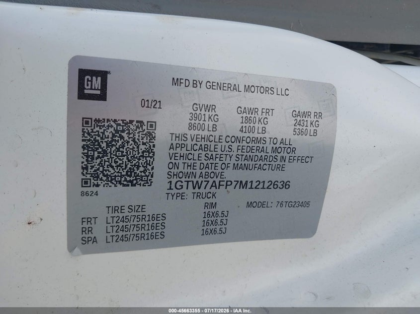2021 GMC Savana Cargo Rwd 2500 Regular Wheelbase Work Van VIN: 1GTW7AFP7M1212636 Lot: 45663355