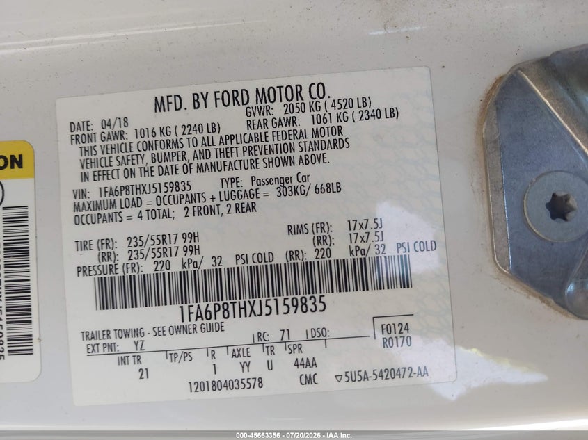 2018 Ford Mustang Ecoboost VIN: 1FA6P8THXJ5159835 Lot: 45663356