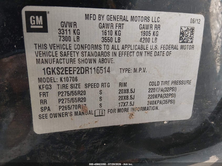 2013 GMC Yukon Denali VIN: 1GKS2EEF2DR116514 Lot: 45663358