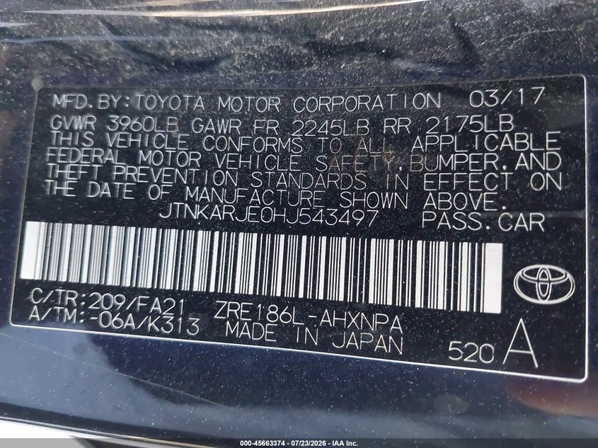 TOYOTA COROLLA IM 2017 VIN JTNKARJE0HJ543497