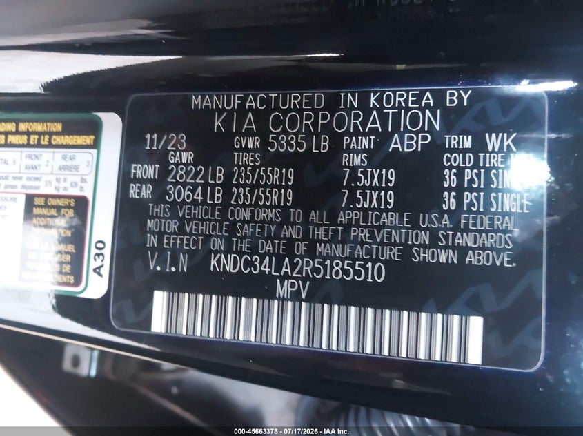 2024 Kia Ev6 Wind VIN: KNDC34LA2R5185510 Lot: 45663378